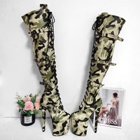 20CM Tacones Mujer Talons Femmes Camouflage Chaussures Sexy Sur le genou Cuissardes Talons Hauts Pole Dance Chaussures Plateforme Bottes Pour Femmes