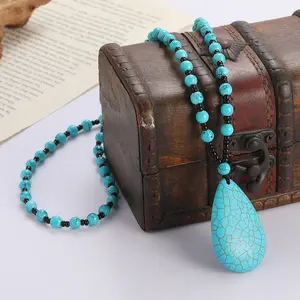 Vintage Turquoise Water Drop Pendant Necklace For Women Natural Blue Pine Brushed Glass Bead Link Chain