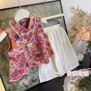 Traditional Chinese Style Girls Two Piece Set With Fold Buttons Summer Party Wear Cotton Thin Fabric Flowers Pattern - Product Image 2