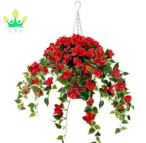 Artificial Flowers Hanging Basket with Bougainvillea Silk Vine Flowers Ivy Artificial Hanging Plant for Patio Lawn Garden Decor