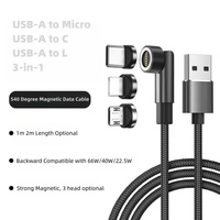 Kabel Pengisian Daya Tiga-dalam-Satu Terbaru Populer 540 Rotating 3A Fast Charging 1m 2m Nylon Magnetik USB-A Type-C