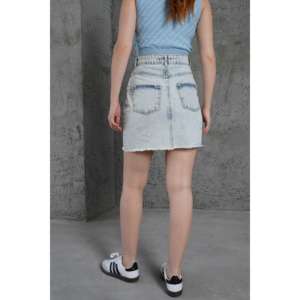 Falda de Punto Elástica Recta Estilo Europeo al por Mayor con Detalle de Borlas, Cintura Imperio Azul, Decoración con Estampado Bordado - Product Image 1