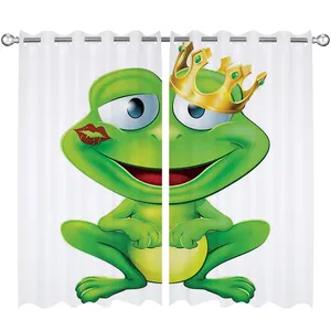 Venta al por mayor de decoración de animales, lindo personaje de dibujos animados de Frog Prince con oro 3D impreso nuevos diseños de cortinas de ventana