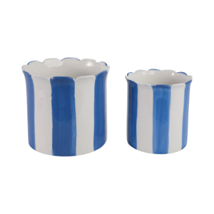 Vasi per Fiori in Ceramica a Forma di Cilindro con Bordo Ondulato, Blu e Bianchi a Strisce, per Interni ed Esterni, Vasi Decorativi per Piante - Product Image 1