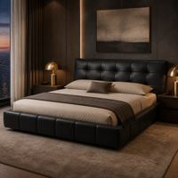 Modernes Italienisches Schwarzes Gestepptes Lederbett mit Edelstahlrahmen, Umweltfreundlich, Verstellbar, Komfortabel und Niedrig