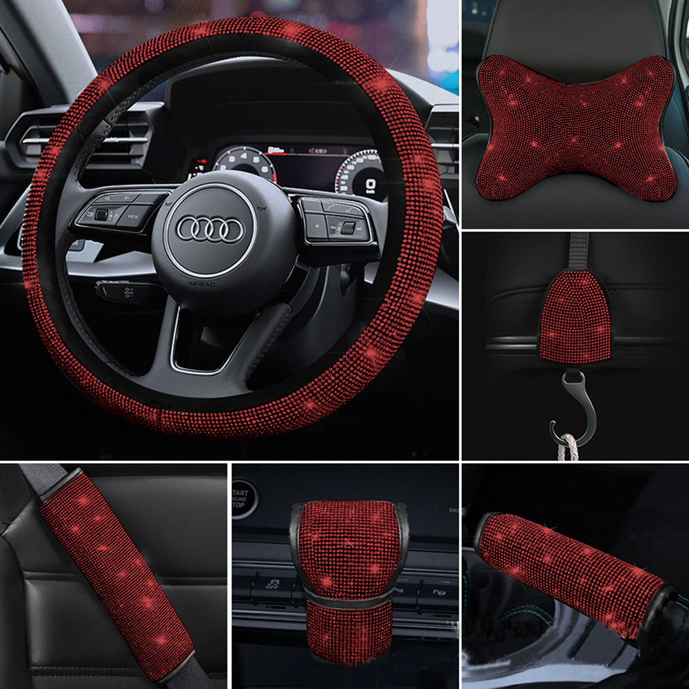 С украшением в виде кристаллов алмаза Сверкающий автомобиль внедорожник колеса протектор Универсальный Fit 15 дюймов Bling красная крышка рулевого колеса комплект ювелирных изделий для женщин подарок