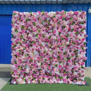 KE-WA005 인공 5d 패브릭 꽃 벽 배경 롤업 8x8ft 꽃 배경 핑크 꽃 벽 패널 웨딩 장식
