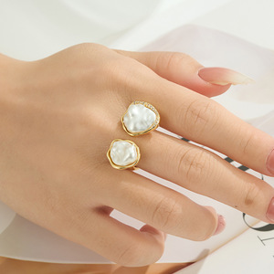 Baroque Style Irregular Faux Pearl Open <b>Ring</b> <b>Adjustable</b> Copper Alloy With Zircon Inlay Jewelry Gift - Product Image 2
