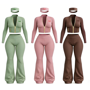 Y2K Women's Custom Logo Women Sportswear Yoga Set Full Zip Jacket with Flared Pants Gym Fitness 3 Piece Set Active Wear