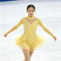 Robe de patinage artistique jaune en maille à col roulé et manches longues avec strass, jupe à volants pour enfants et adultes, pour compétition et performance