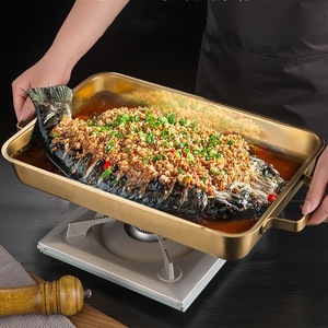 Stainless Steel Grilled Fish Pan Rectangular Gold Double Ear Flat Bottom For Grill Oven Induction Cooker Durable Uncoated Pot - Product Image 1