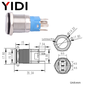 YIDI Metal <strong>Push</strong> <strong>Button</strong> Switch 16mm Waterproof Latching Momentary Illuminated Ring <strong>LED</strong> Pilot Lamp Pushbutton Switch - Product Image 2