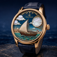 Montre de plongée mécanique de luxe OEM avec cadran émaillé, peinture à l'huile sur mesure, paysage miniature peint à la main et diamants saphir