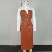 Neues Herbstkleid mit Knöpfen, Langen Ärmeln, PU-Leder-Patchwork, Taschen, Schmal Geschnitten, mit Gürtel und Revers, Midi-Länge für Damen