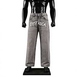 Meilleurs Jeans Droits Imprimés Effet Vieilli Taille Moyenne en Denim Délavé Style Streetwear pour Hommes - Product Image 1