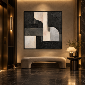 Dipinto a Olio Astratto Geometrico Modernista su Tela, Nero e Avorio, Dipinto a Mano, <span class=keywords><strong>Arte</strong></span> Murale Testurizzata per Hotel, Lobby, Ufficio - Product Image 3
