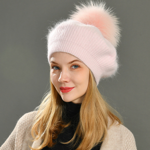 Nouveauté 2022 : Bérets pour adultes avec <span class=keywords><strong>pompon</strong></span> en fourrure de raton laveur véritable détachable, bérets élégants pour femmes, bérets en tricot chauds - Product Image 6