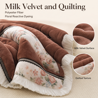 Parure de lit 4 pièces en velours de lait polyester, motif floral matelassé teint réactif, avec housse de couette en soie glacée et bordure à volants en dentelle
