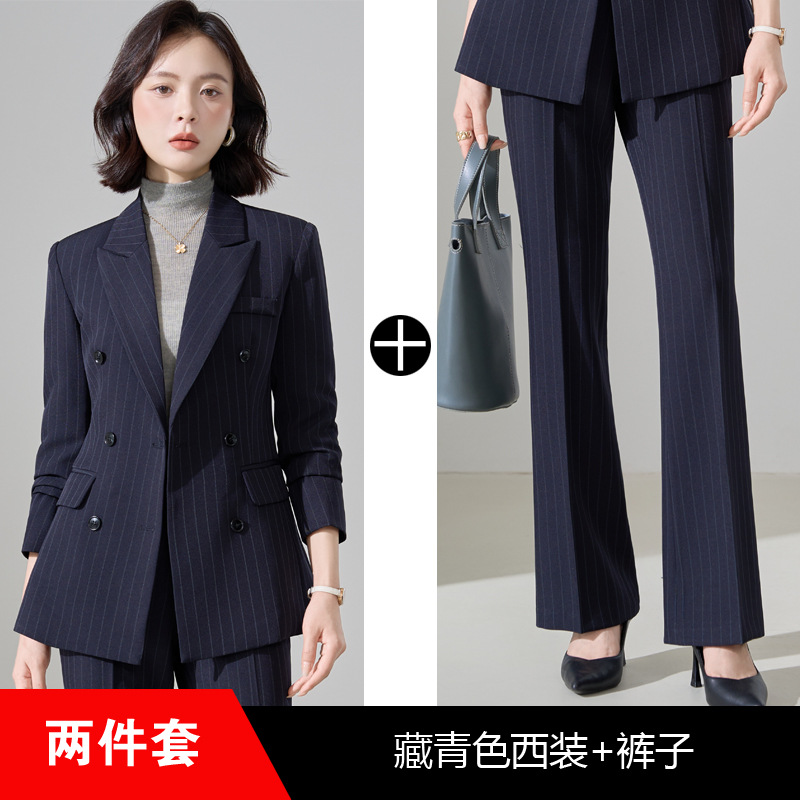 Navy blue striped suit trousers with slight flare