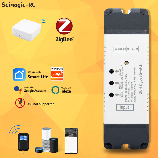 AC 85-250V Universal 2-Channel Zigbee Smart Switch Works with Tuya Dry Contact Relay Breaker for Home Automation