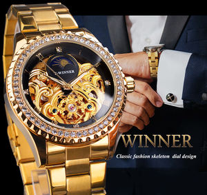<span class=keywords><strong>Montre</strong></span> mécanique de luxe pour homme Winner avec cadran diamanté, mouvement automatique vintage, roue solaire, bracelet en acier inoxydable, design ajouré - Product Image 2