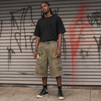Short cargo en denim épais vert vintage, orné de graffitis personnalisés, coupe ample, coupe-vent, respirant, 100% coton, style streetwear