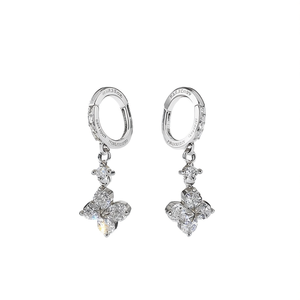 Orecchini Pendenti Eleganti in Oro Bianco con Fiore, Argento 925, Incastonatura a Griffe con Diamanti, Gioielli di Lusso da Sposa per Donna - Product Image 1