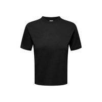 T-shirt décontracté et sportif pour femme en coton longues fibres style américain, col rond, manches courtes, coupe épaules régulières, effet amincissant, avec logo