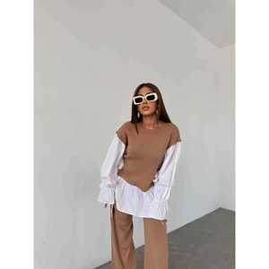 Ensemble de tricots marron avec détails de chemise, taille standard, ensemble de pulls pour femmes - Product Image 1