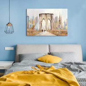 Paisaje urbano moderno lienzo pared arte-Puente de Brooklyn edificio ciudad de Nueva York horizonte enmarcado pintura abstracta - Product Image 2