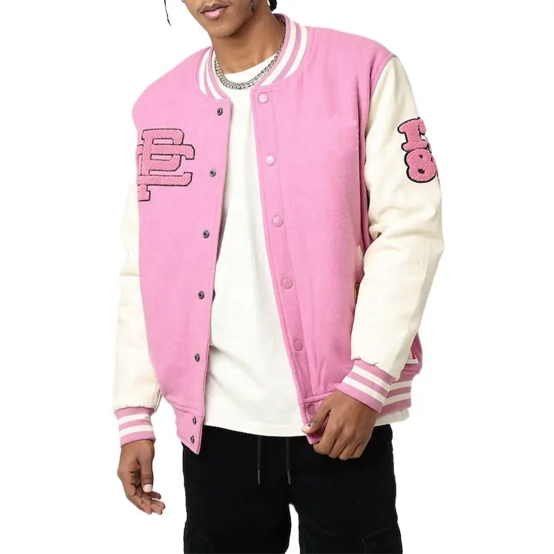 OEM Custom pink chenille embroidery patch leather sleeve varsity baseball letterman jacket for men