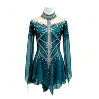 Robe de patinage artistique bleu sarcelle à strass, col montant, dos évidé, manches longues, en maille, pour compétition de patinage sur glace, personnalisable