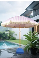 Parasol de plage/piscine extérieur imperméable en polyester résistant aux UV, à rayures roses, en macramé, avec franges