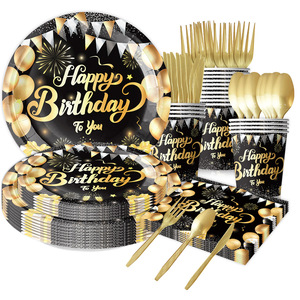 Assiettes et gobelets en papier colorés jetables pour fête d'<span class=keywords><strong>anniversaire</strong></span> noir et or, décorations de table de dessert - Product Image 2