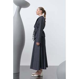 Puane Women's Elegant Navy Blue Two-Piece Skirt and Blouse Set with Shoulder Flap and Belt Detail, Modern Style for Various - Product Image 3