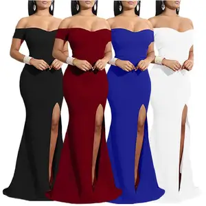 Vente en Gros Couleur Unie Robes de Bal à Épaules Dénudées Robes Sexy Pour Femmes Robes de Soirée Femmes Dame Élégante Longue Robe de Demoiselle d'Honneur