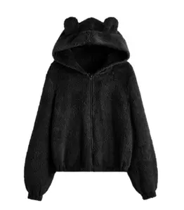 Wholesale Polyester Fleece Embroidery Logo Hoodie Cute Style Animal Ear Solid Color Winter Heavy Weight Women Hoodie