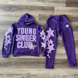 カスタムパフ印刷ロゴ2ピースパーカーとスウェットパンツセット男性パーカーコットンセットOEM利用可能トラックスーツ - Product Image 2