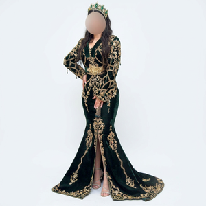 Elegant <b>Green</b> <b>Velvet</b> Embroidered Floor-Length Wedding Fergani Dress For Women Stylish With Gold Detailing Slim Fit - Product Image 1