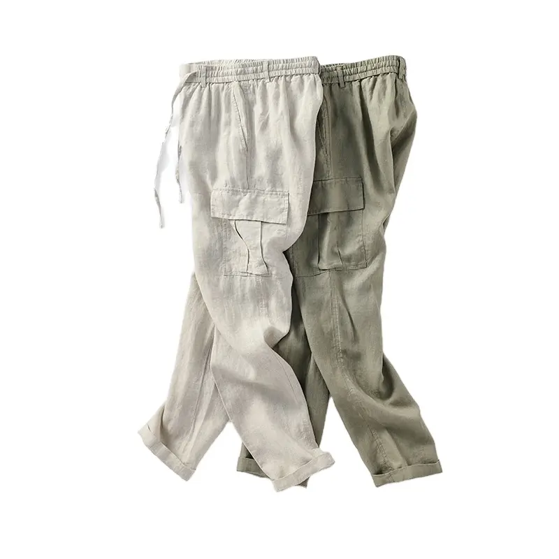 2022 New Nature Fabric Green Raw Grey Navy Black 100% Linen Cargo Pants for Men Boy