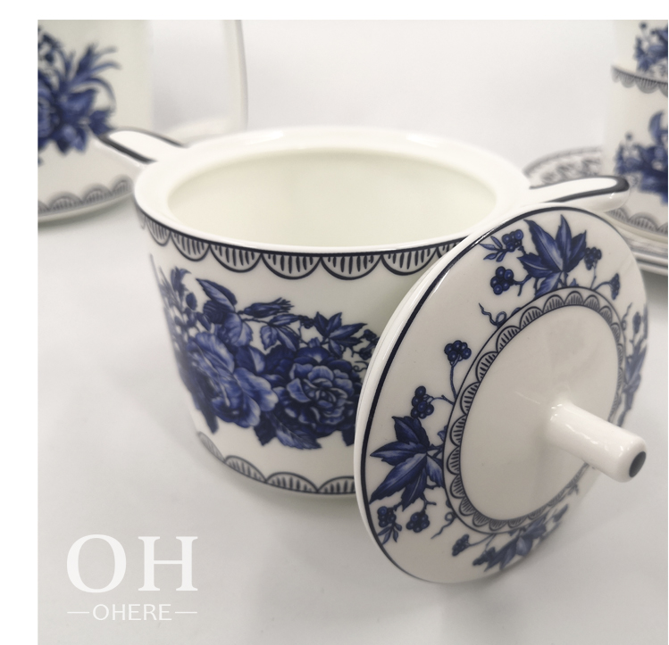 2022 New Style bone china blue and white porcelain peony coffee cup and saucer for banquet and meeting