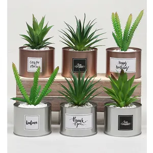 DRJSS3 Hot Selling Set of 3 Mini Potted Succulent Plants Faux Plastic Small Artificial Succulents Plant Set in Metal Pots