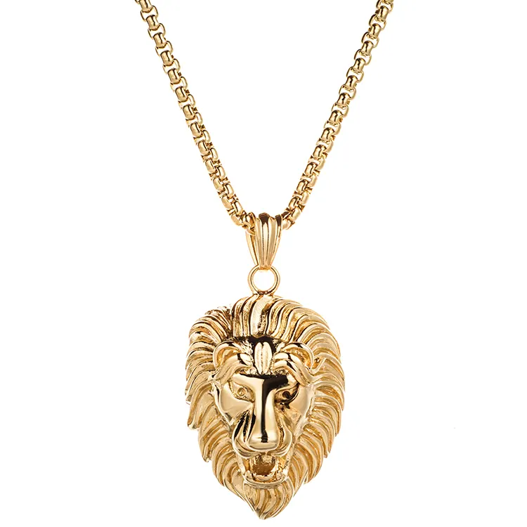 Haosen Perhiasan Berkualitas Tinggi Kustom Baja Nirkarat Disepuh Emas Perak Hitam Kepala Singa Liontin Kalung untuk Hadiah Pria