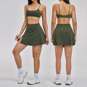 Naked Feeling Quick Dry Sports Bra <b>Side</b> Slit Tennis Skirt With Pockets 4 Way Stretch Workout Wear Women 2 Piece Set - Product Image 1