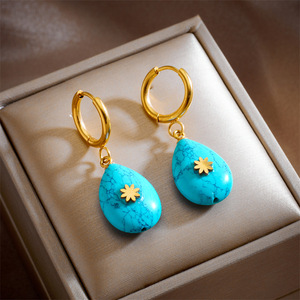 Teardrop Turquoise Dangle Earrings Gold Plated Stainless Steel Drop Earrings Gift Fashion Jewelry - Product Image 1