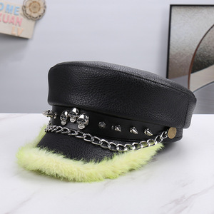 Gorra de Estilo Punk de Cuero con Tachuelas de Calavera y Cadena, Gorro Plano con Ribete de Piel Sintética para Mujer, Gorro Cálido de Invierno Estilo Gótico <span class=keywords><strong>Rock</strong></span> - Product Image 6