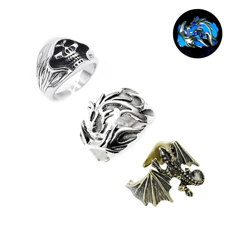 Adjustable Gothic Punk Dragon Rings Vintage Luminous Glow In the Dark Ring for Men Women Halloween Party