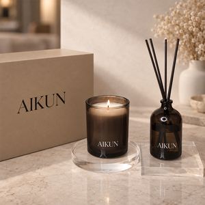 ชุดของขวัญน้ำหอมปรับอากาศในบ้าน Aikun Amber Brown Glass พร้อมเทียนหอมแบบไส้เดียว กลิ่นอัมเบอร์ บราวน์  พร้อมก้านไม้หอมแบบกลมสีดำ บรรจุภัณฑ์แบบสองชิ้น - Product Image 2