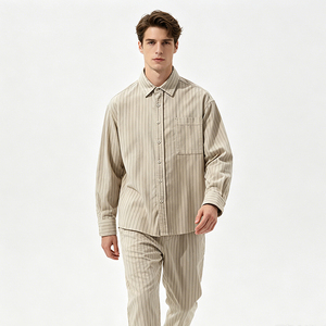 Chemise rayée vintage pour homme, beige gris, rayures verticales, manches longues, coton/lin, col pointu, poche simple, automne - Product Image 5