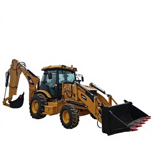 Chargeuse-pelleteuse Cat 420F-1 avec godet avant et bras de terrassement arrière, équipement de construction jaune - Product Image 1